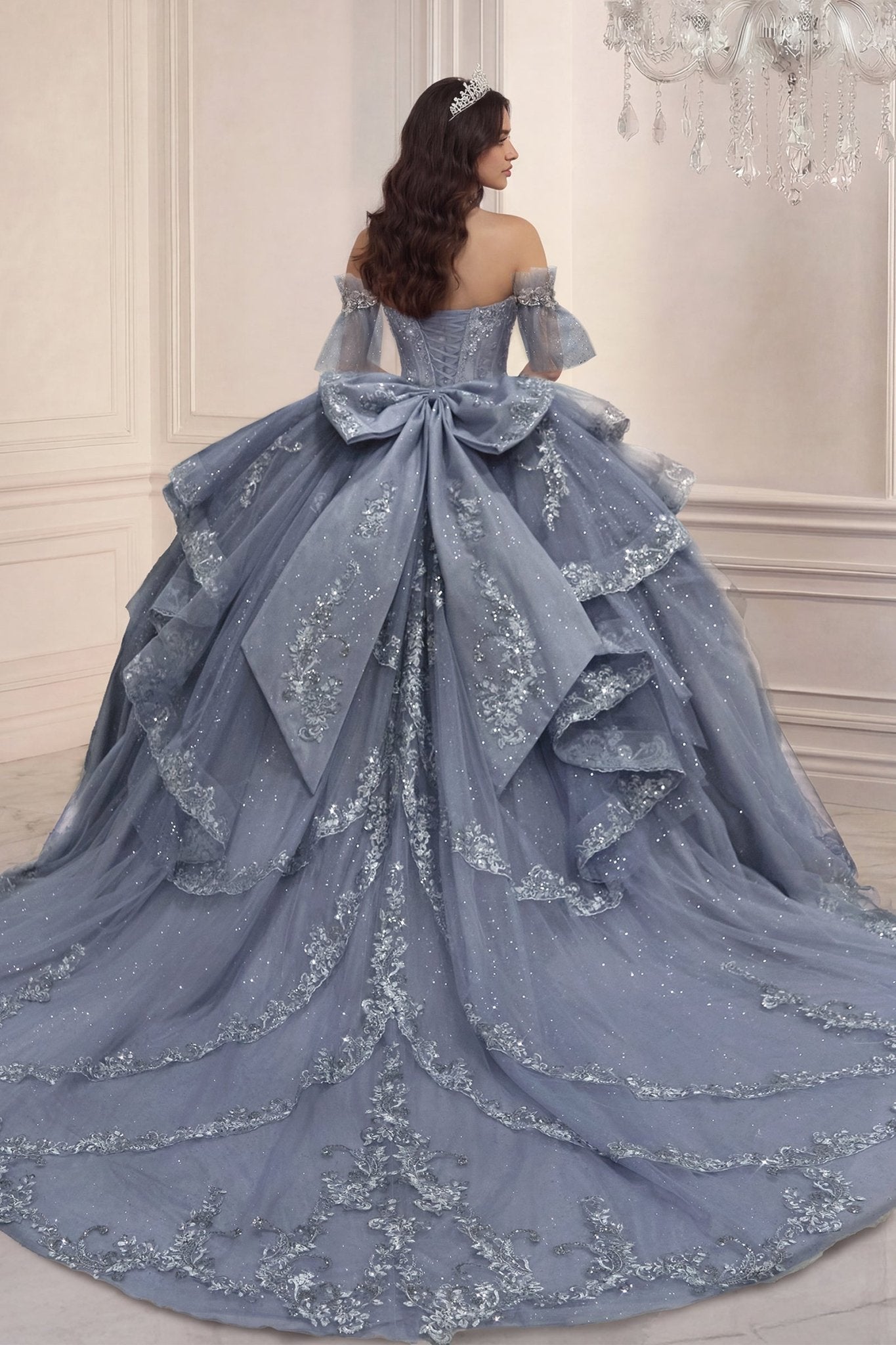 Embellished Choker Ball Gown in Dusty Blue, view 2