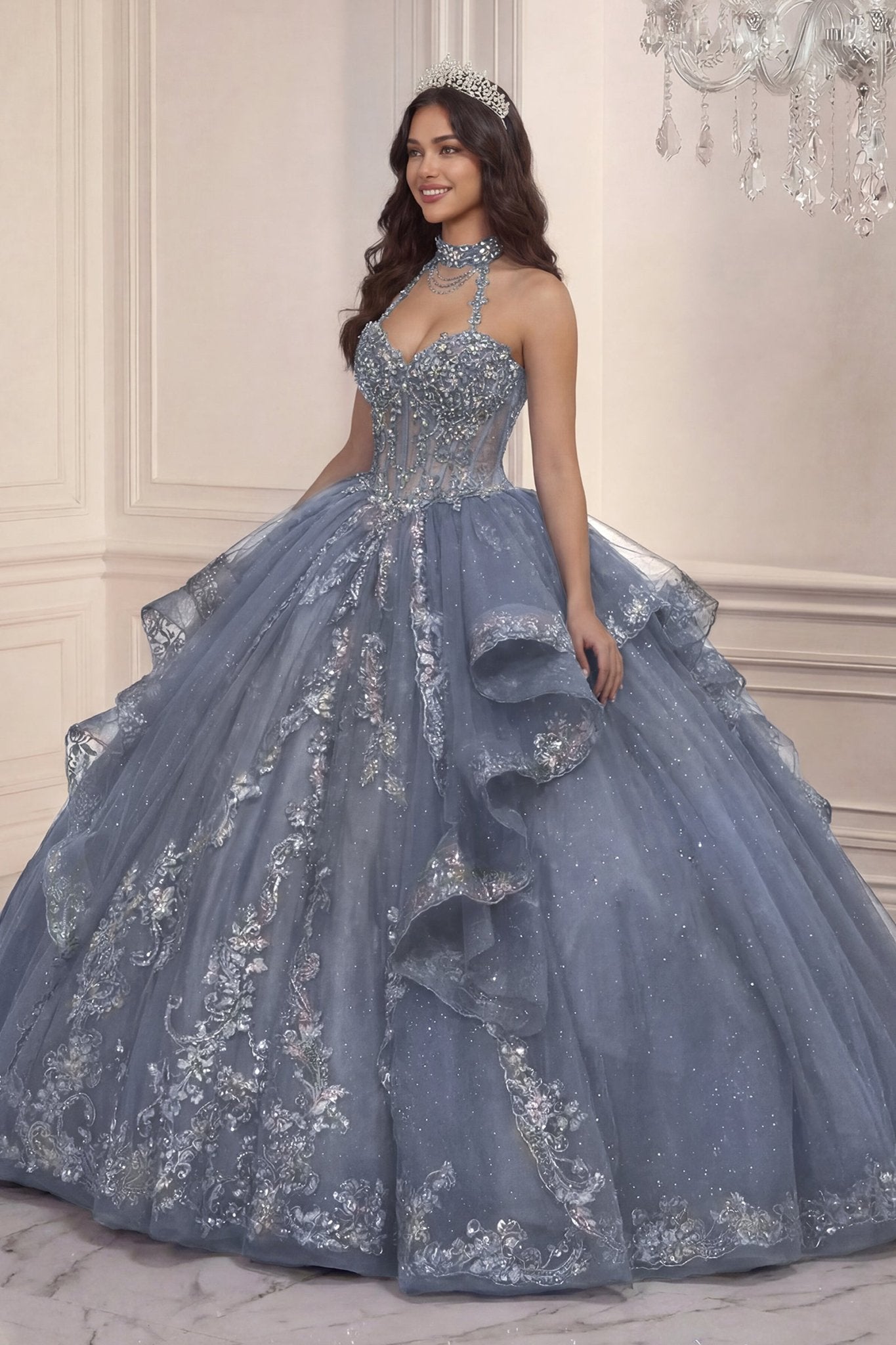 Embellished Choker Ball Gown in Dusty Blue, view 4