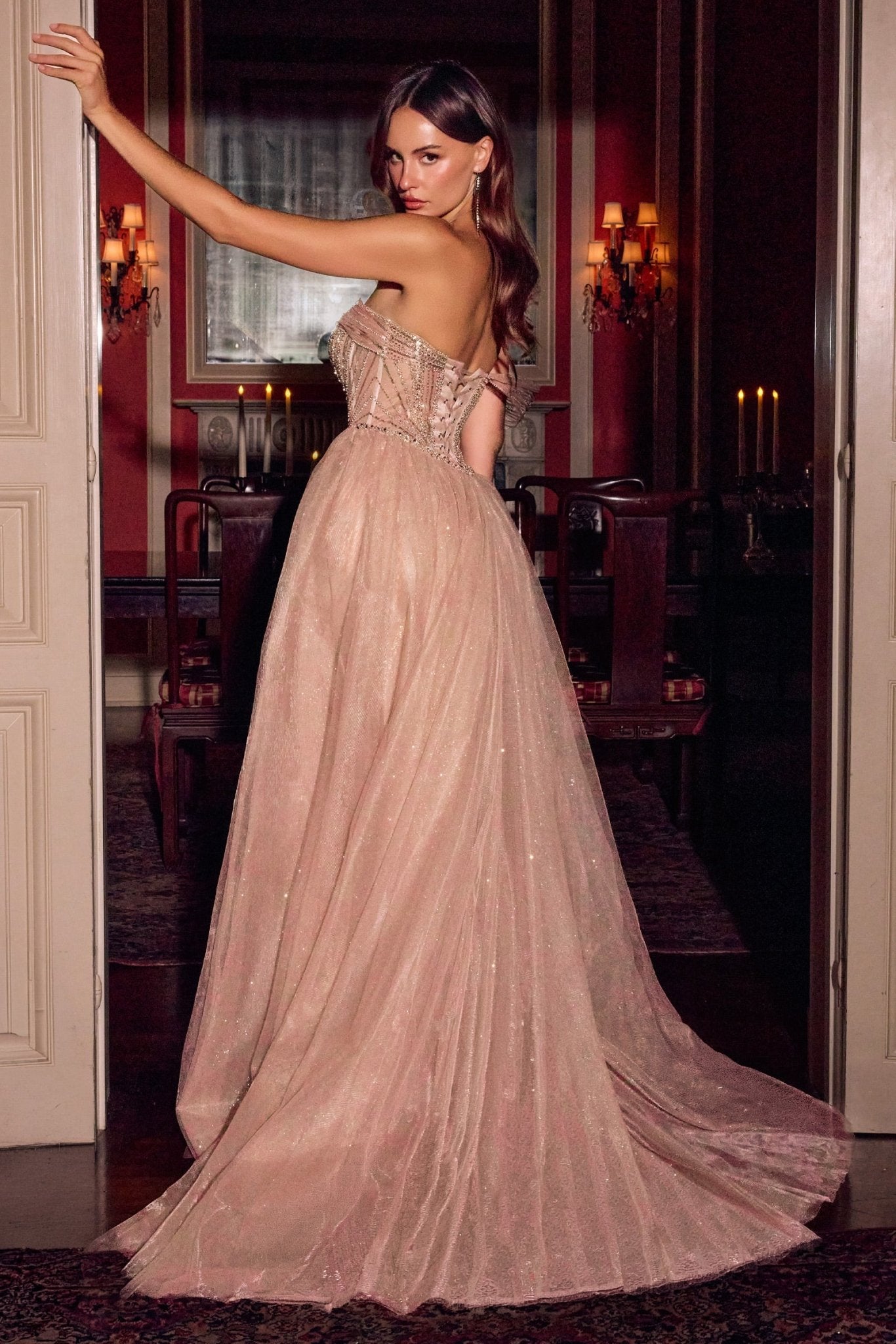 Beaded Gown in Dark Sage, view 3