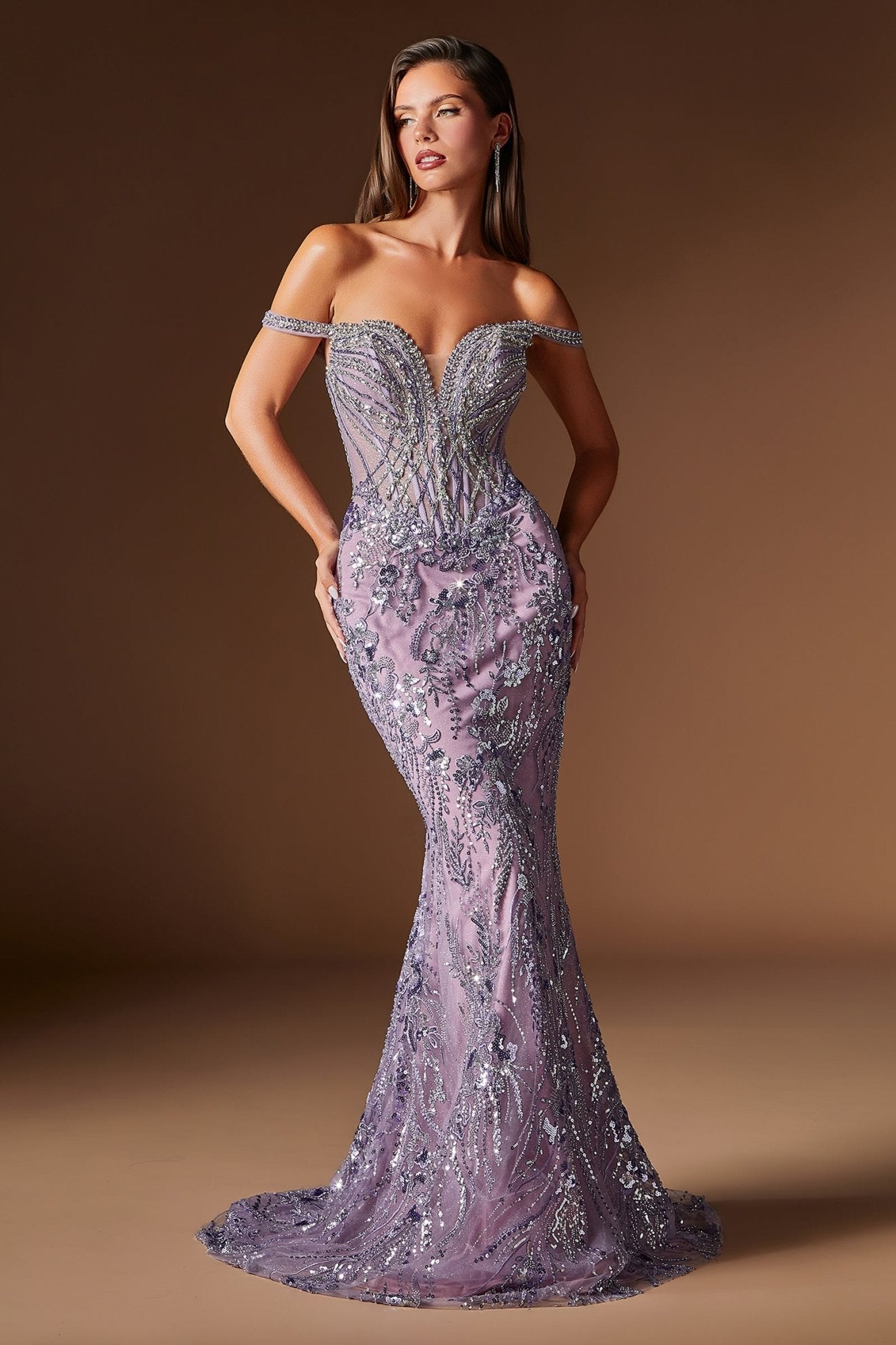 Crystal Mermaid Gown in English Violet, view 3