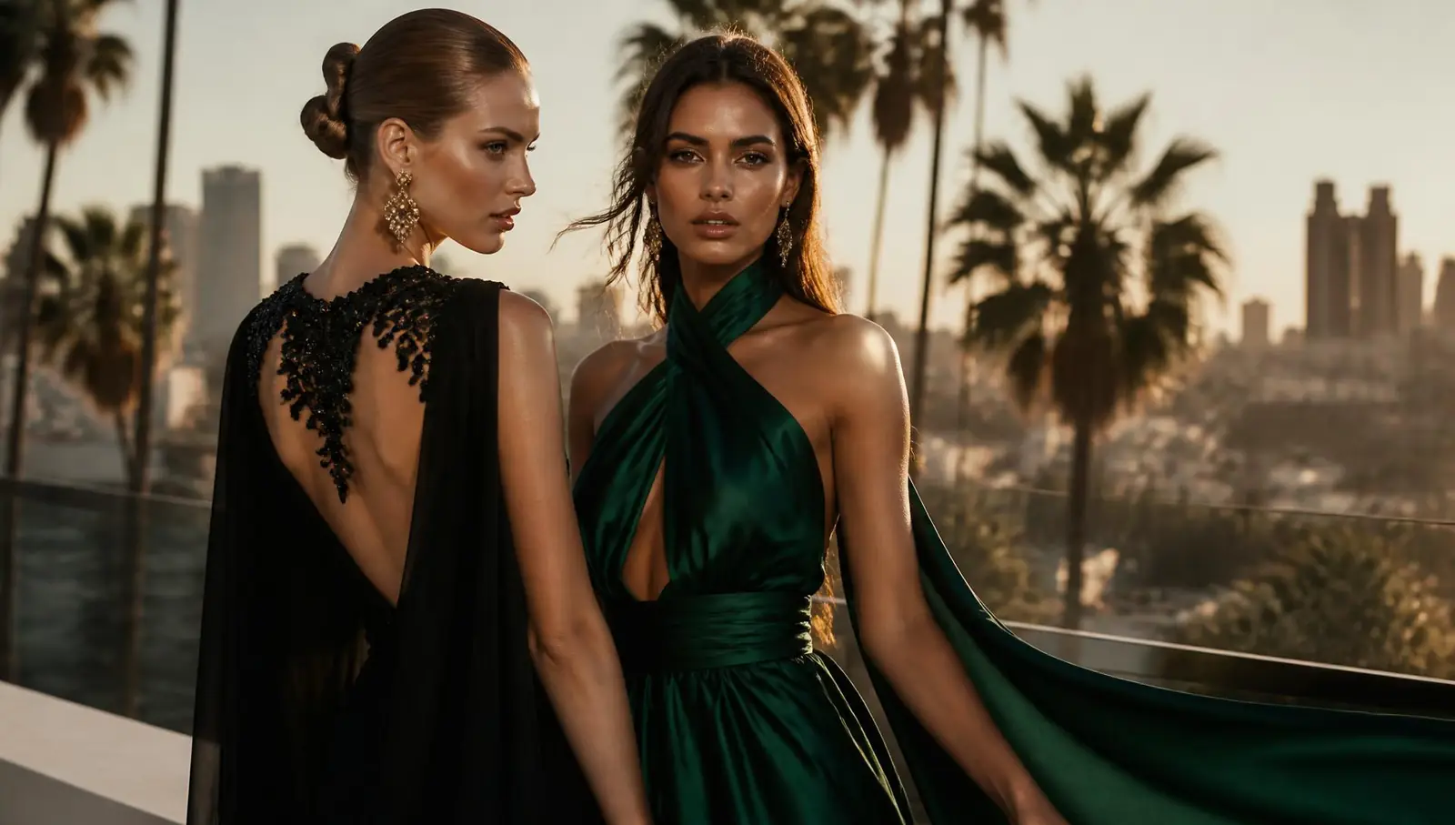 Two models in evening gowns on a Los Angeles rooftop at golden hour