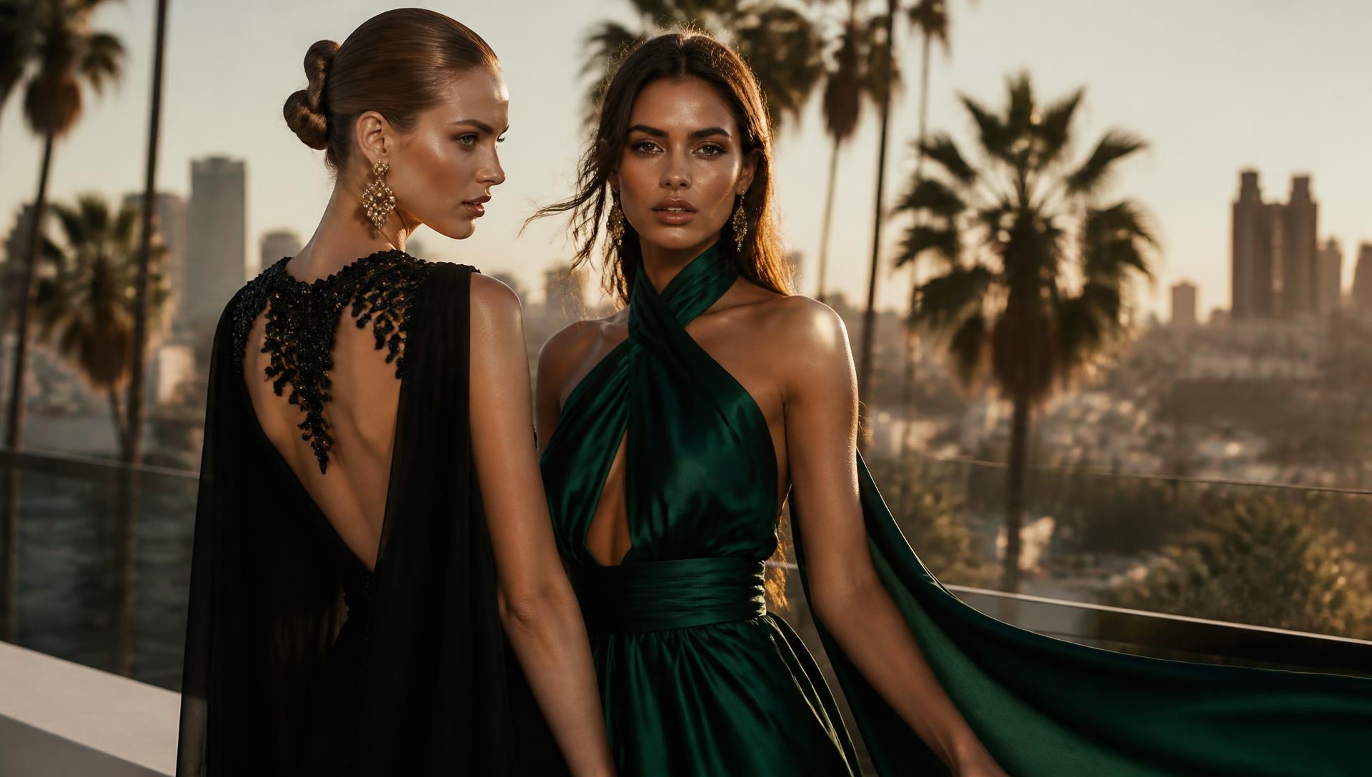 Two models in evening gowns on a Los Angeles rooftop at golden hour